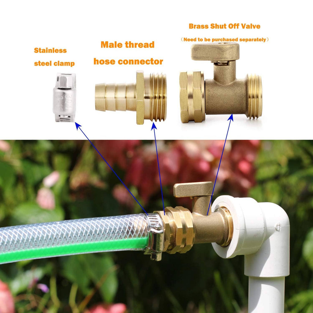 Brass shut-off valve hose connector with stainless clamp for male/female hose threads