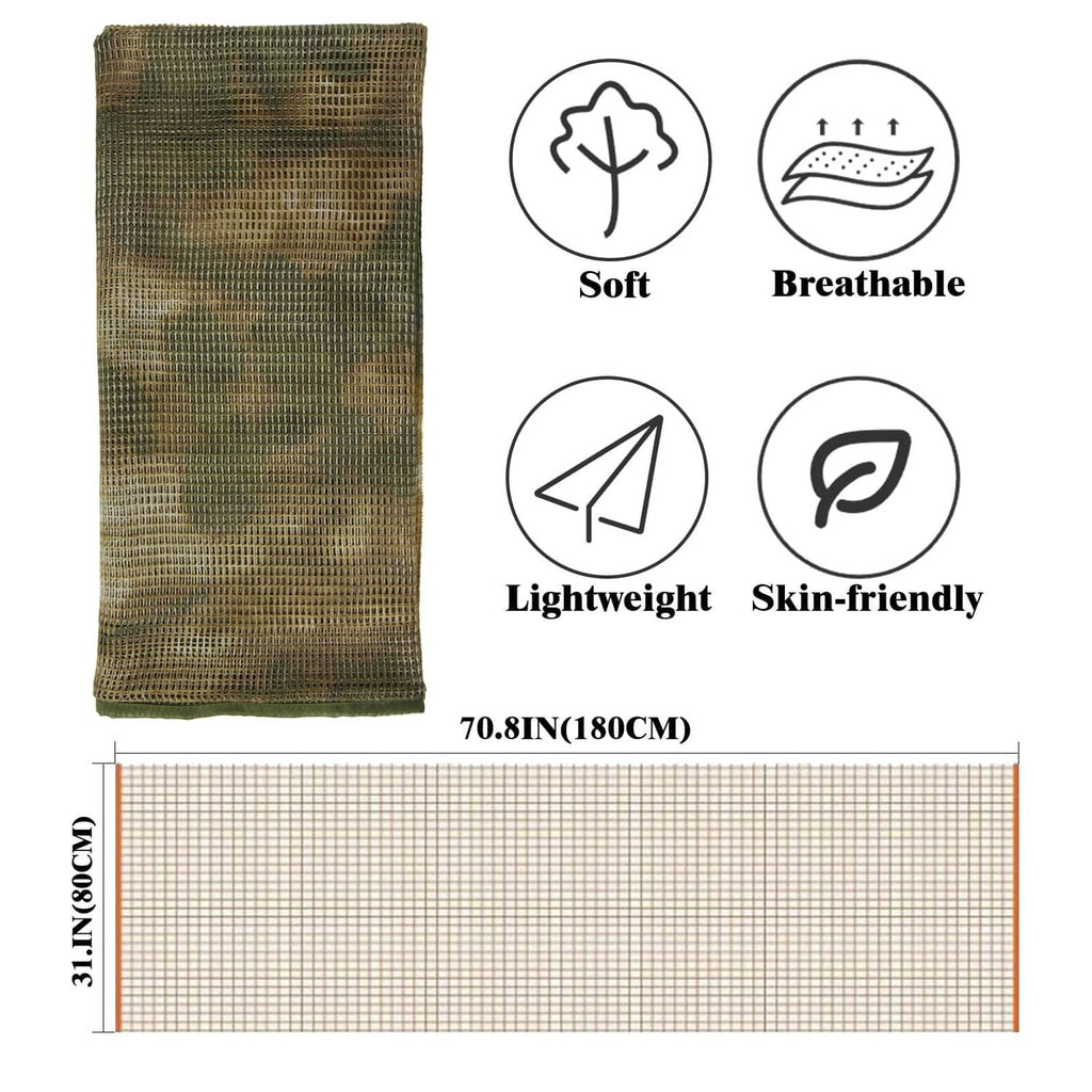 Woodland camo breathable mesh neck scarf, folded with stitched edges