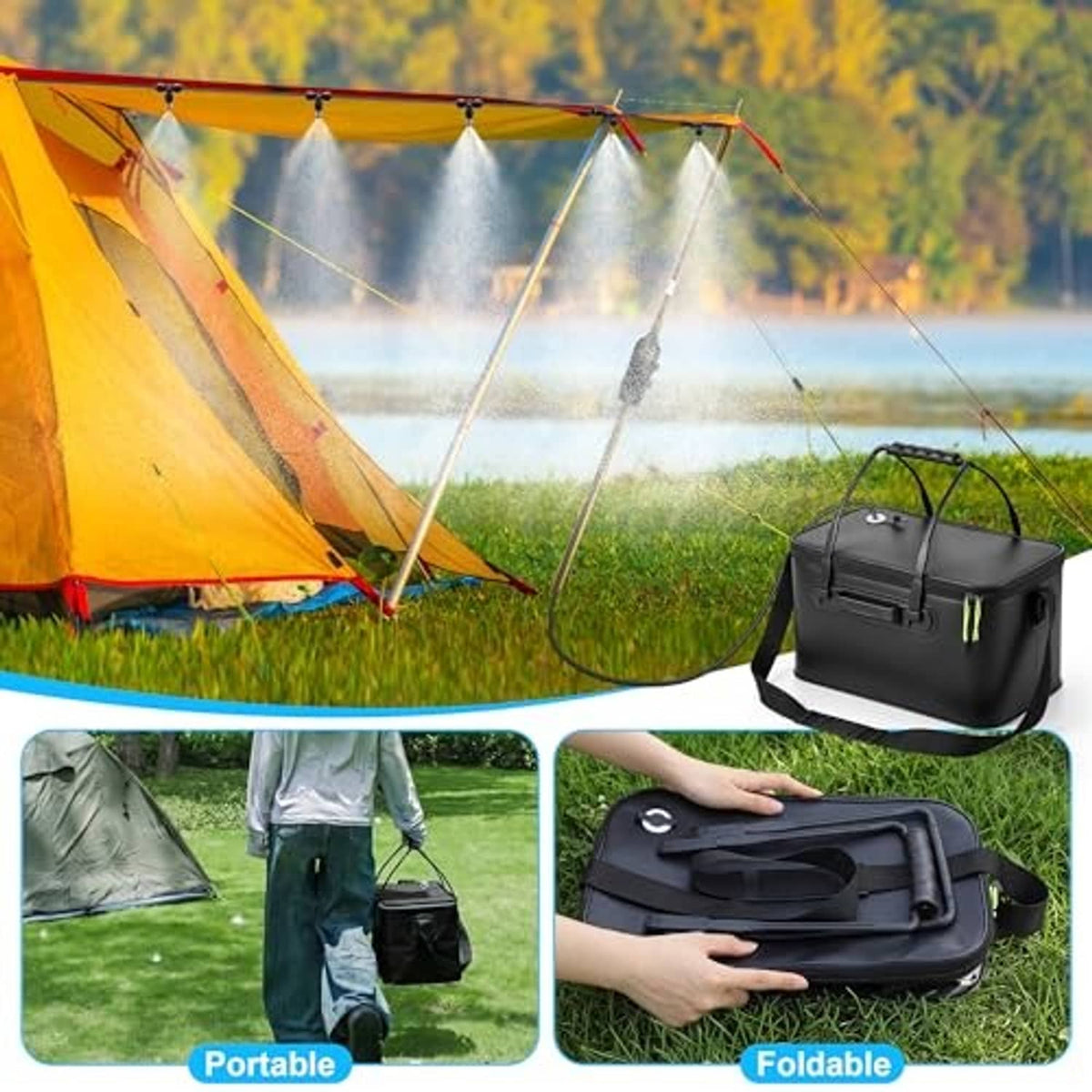 Portable misting cooling system with folding bucket near camping tent spraying water