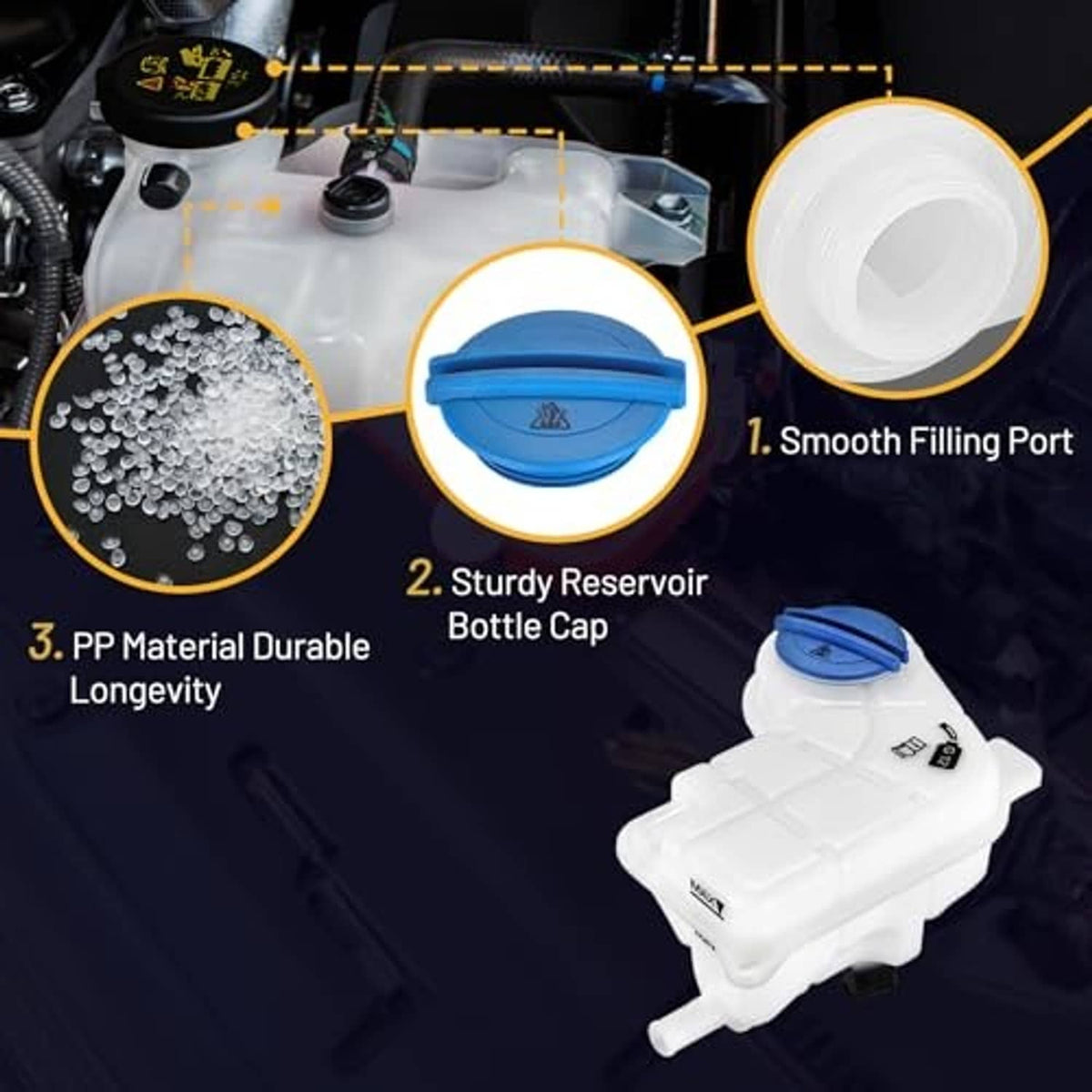 White coolant expansion reservoir with blue cap shown in engine bay
