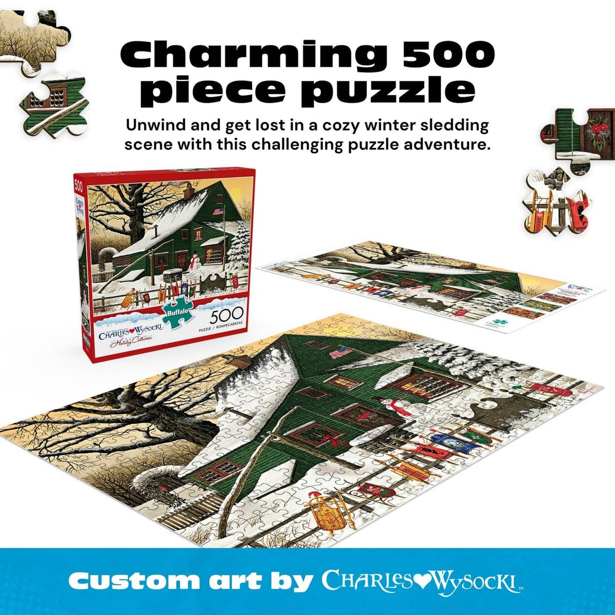 500-piece jigsaw puzzle box and laid-out puzzle pieces with snowy cabin artwork