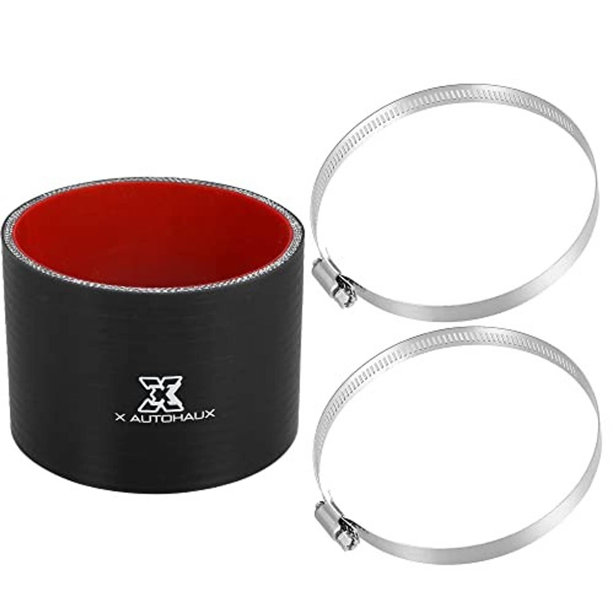 Black silicone reducer hose with red inner and two silver metal worm-gear hose clamps