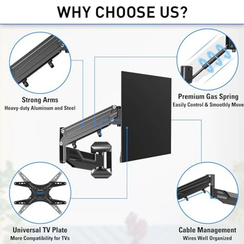 Height-adjustable TV wall mount features diagram with spring, arms, and cable routing