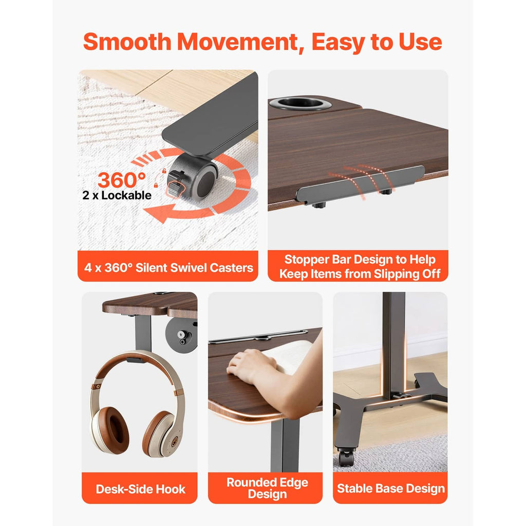 Adjustable standing desk with casters, rounded corners, and dark wood tabletop