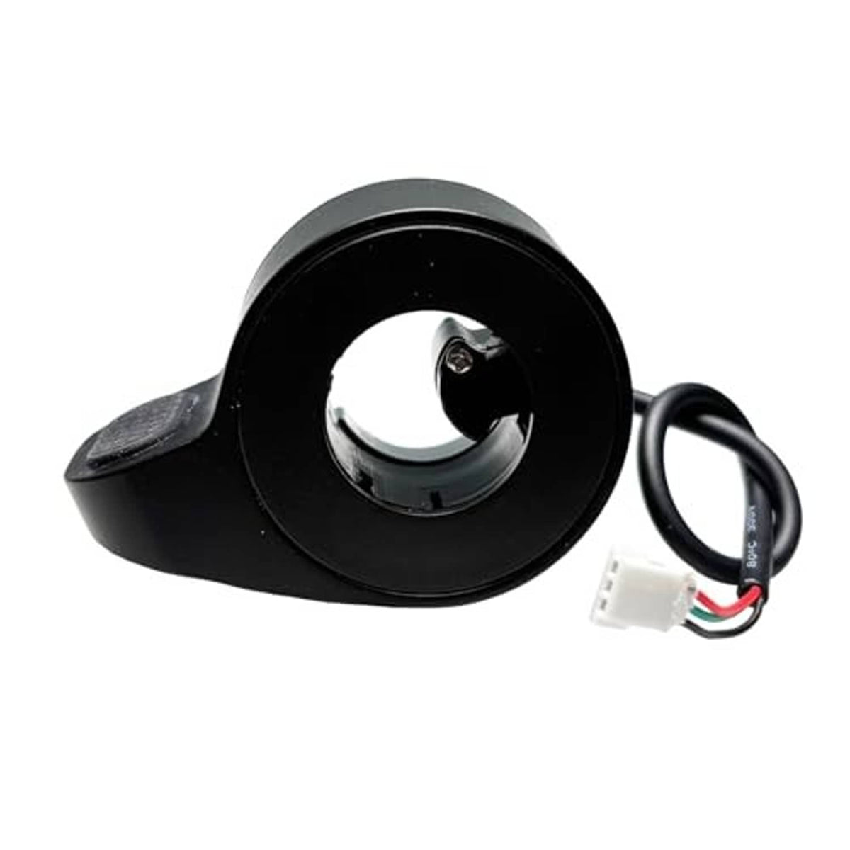 Black thumb throttle controller with circular mount opening and attached 3-wire harness