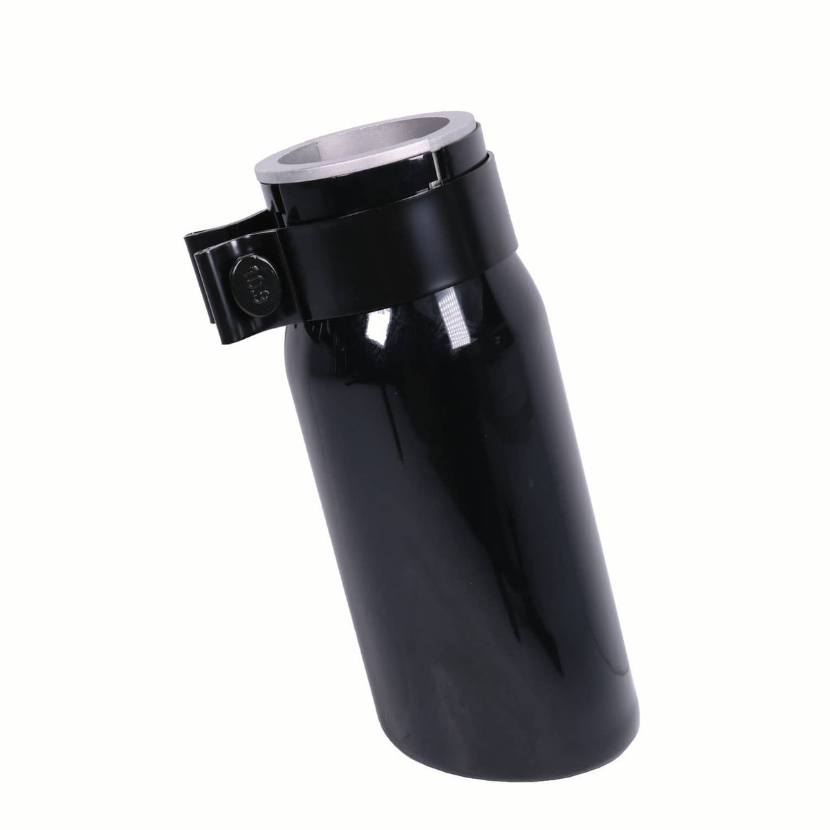 Black exhaust tip with round opening and silver rim, side view with mounting strap