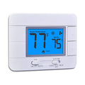 Wall digital thermostat with blue LCD display and white control panel.