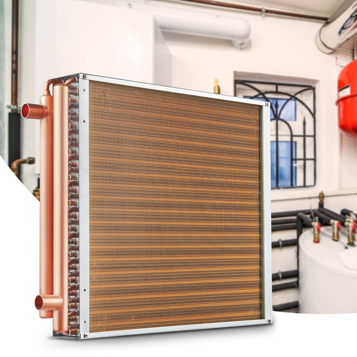 Water-to-air heat exchanger wall-mounted unit with copper tubes and fin core