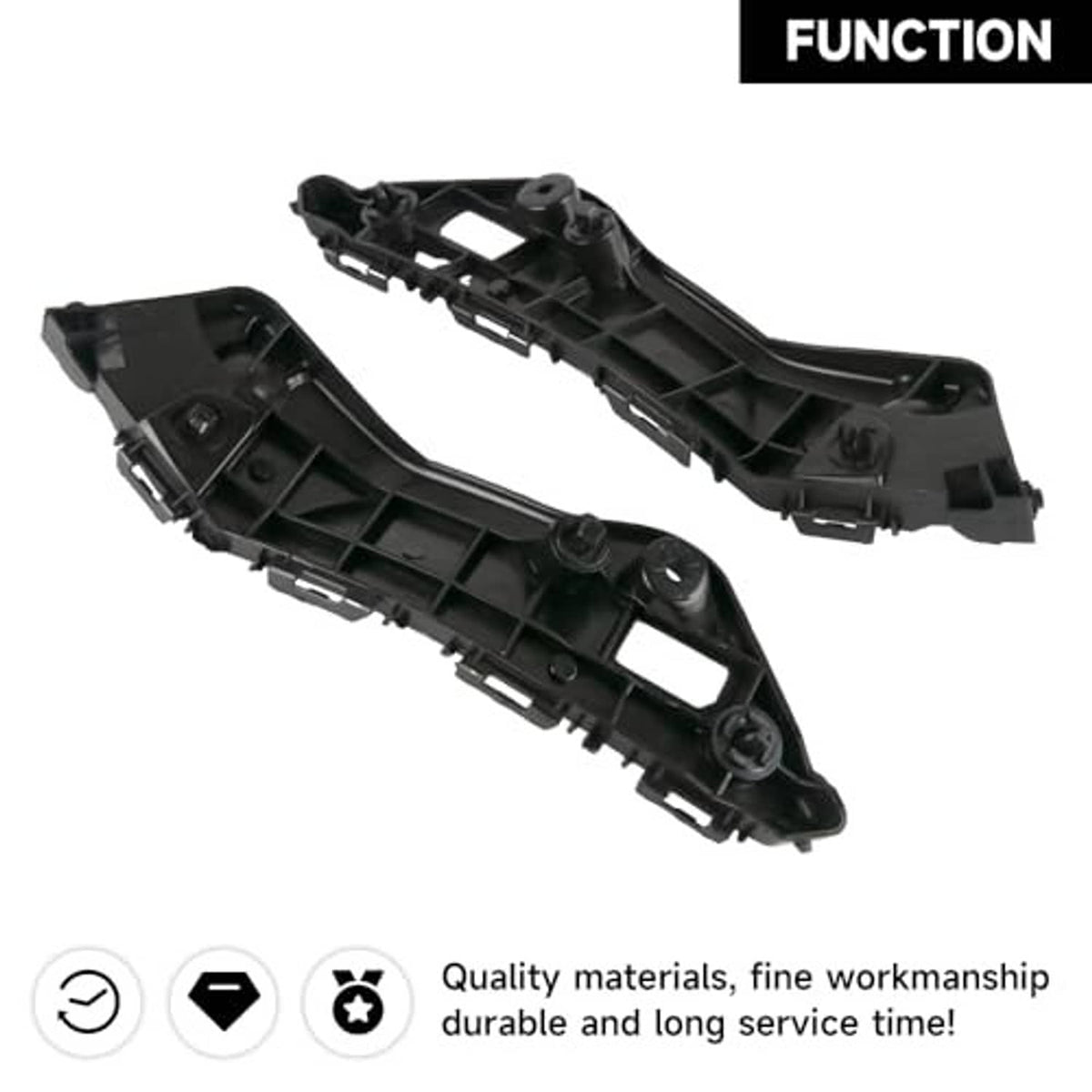 Pair of black front bumper bracket mounts with underside ribs and mounting points