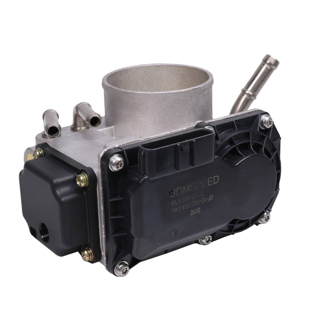 Electronic throttle body with black actuator housing and metal intake tube outlets, rear view