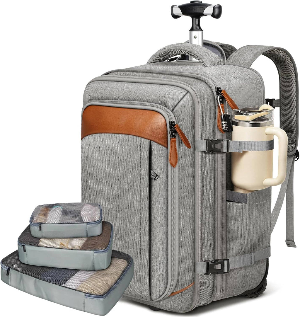 Gray expandable wheeled travel backpack with orange zipper pocket and attached water bottle holder