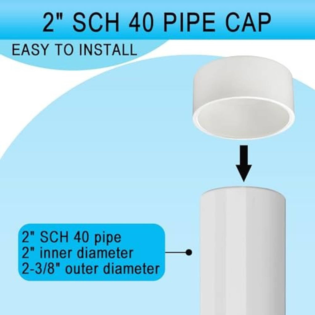 White 2 in PVC socket cap being installed, rounded end cap over pipe opening