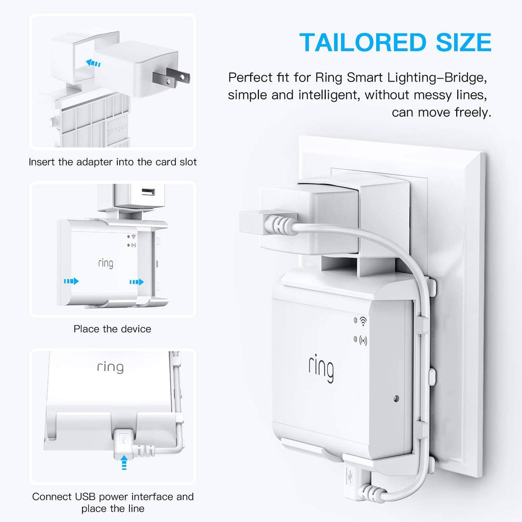White wall mount adapter for Ring smart lighting bridge with secure mounting fit