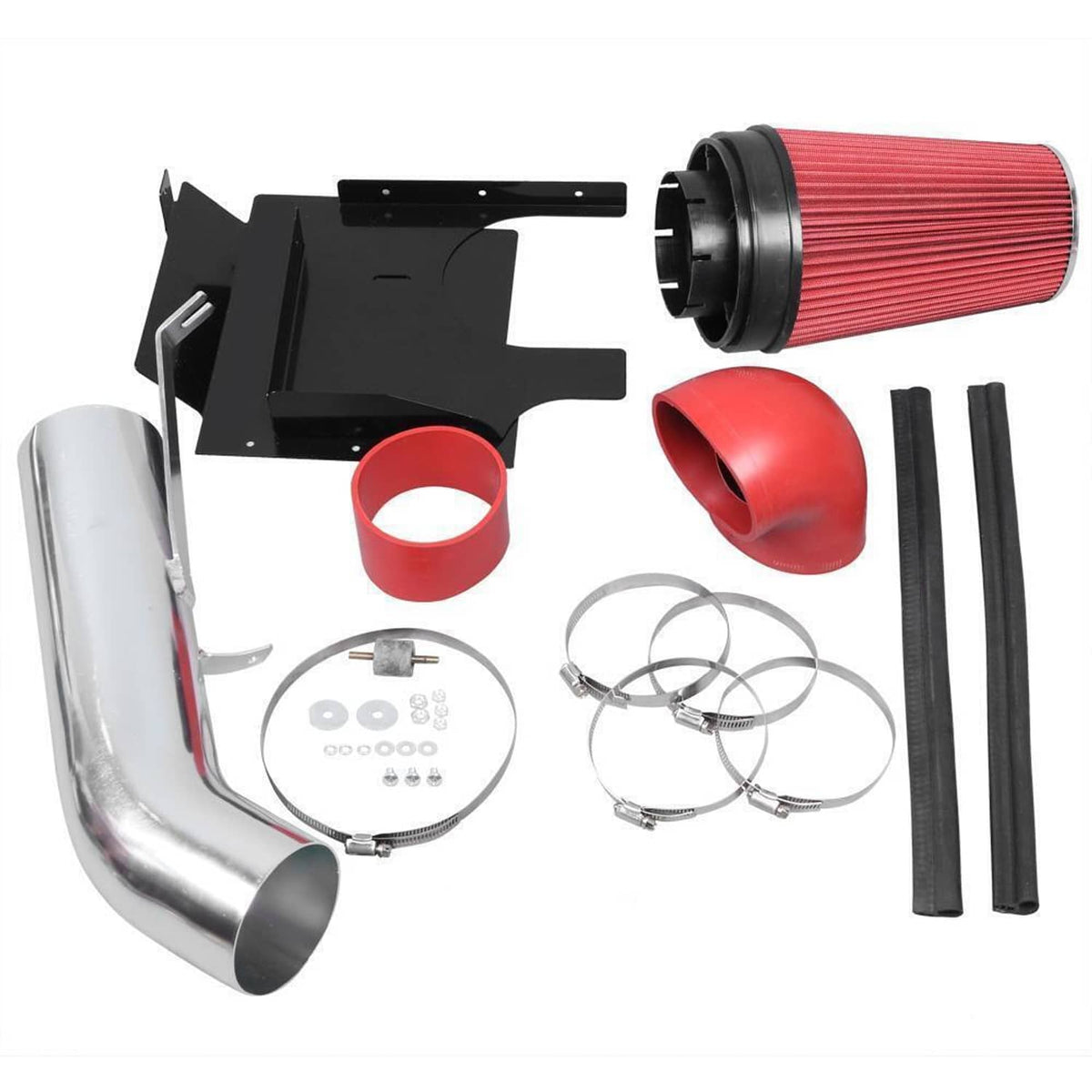 Cold air intake kit components with red cone filter, red tube, clamps, and heat shield