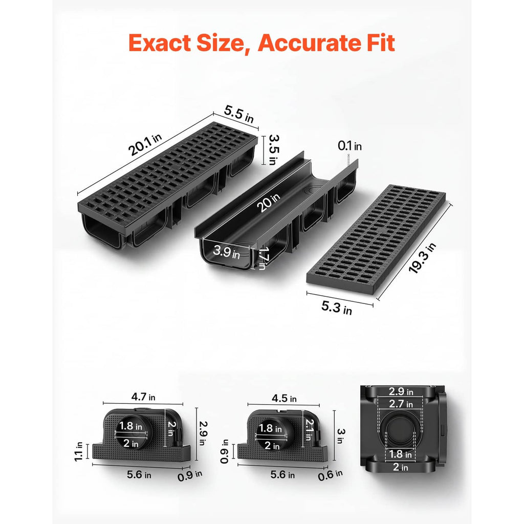 Black HDPE linear drainage channel dimensional layout with grates and side ports