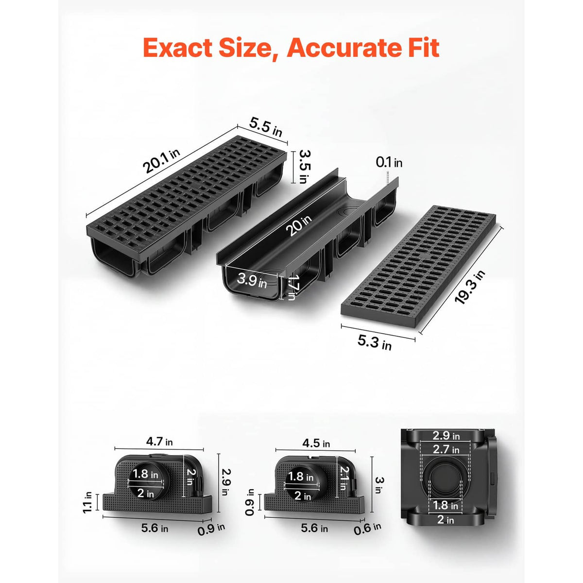 Black HDPE linear drainage channel dimensional layout with grates and side ports