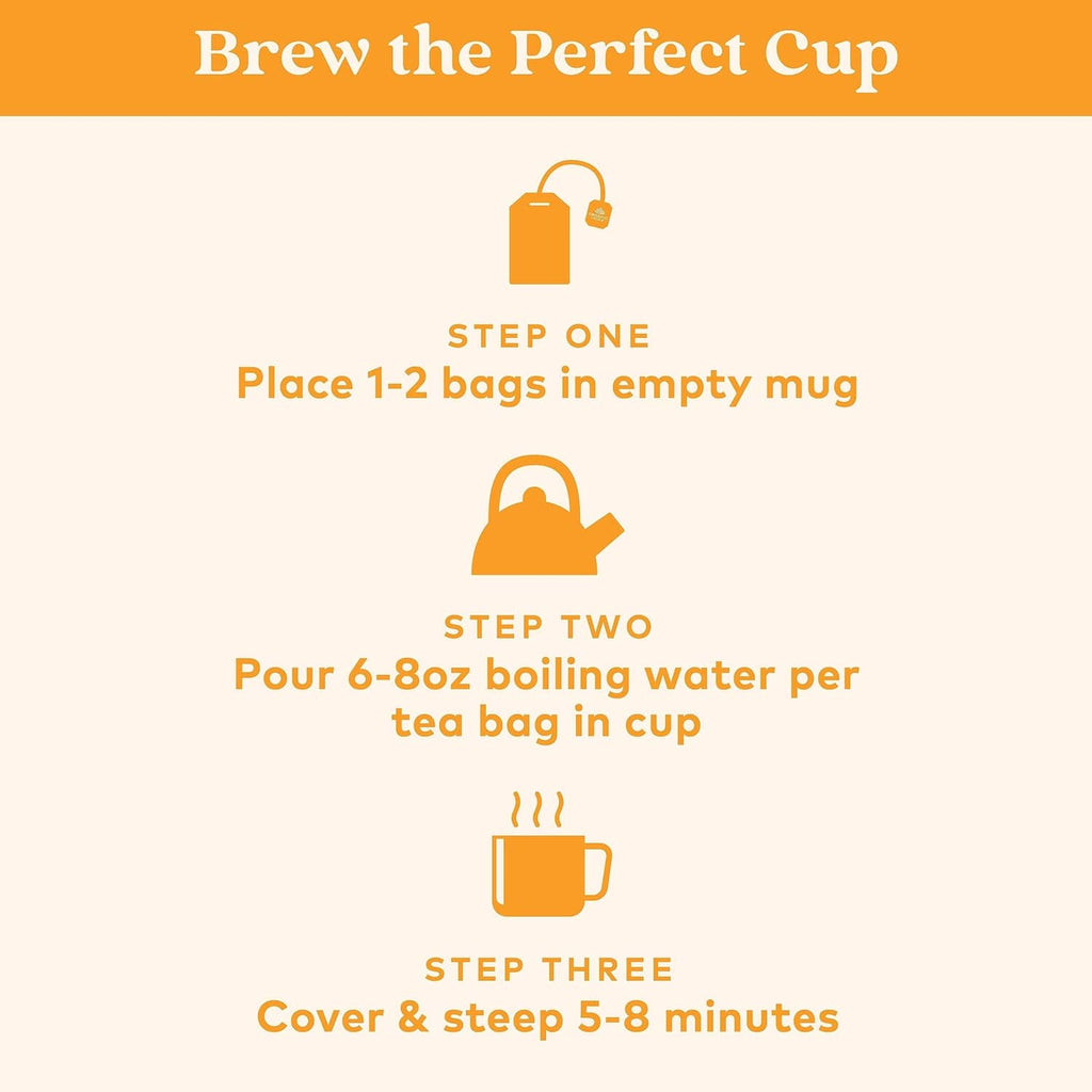 Herbal tea brewing steps graphic for tea bags: steeping and water instructions.