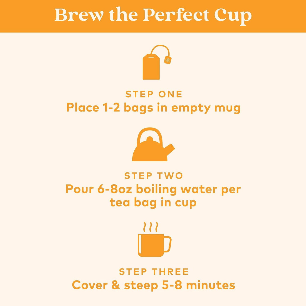 Herbal tea brewing steps graphic for tea bags: steeping and water instructions.