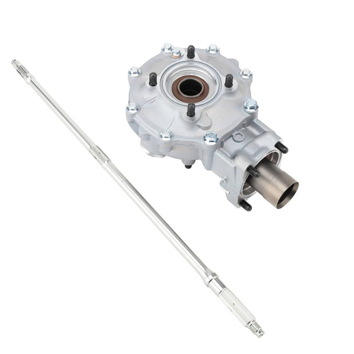 Rear differential assembly with axle shaft, silver housing with front flange