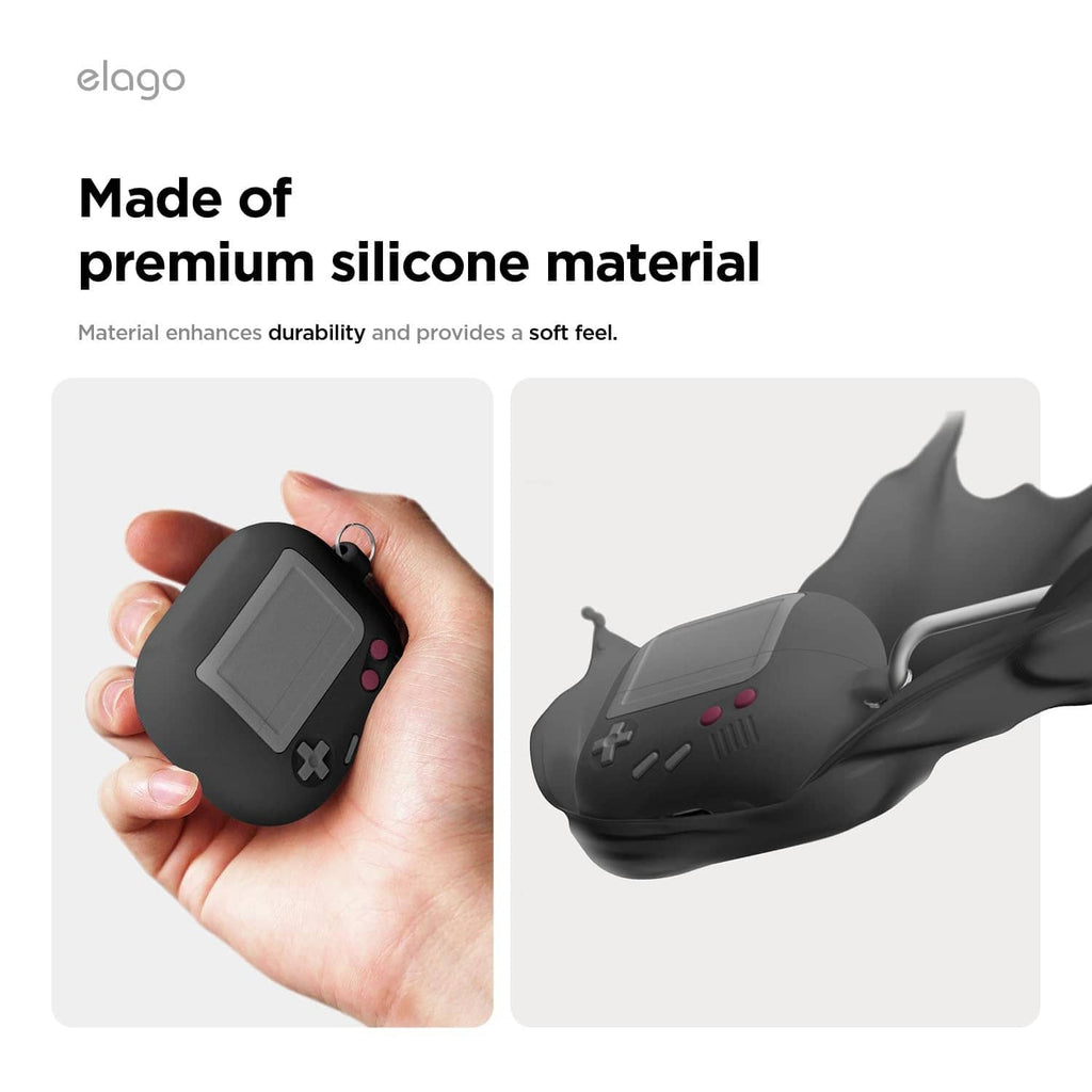 elago black silicone earbud case held in a hand, showing buttons and display