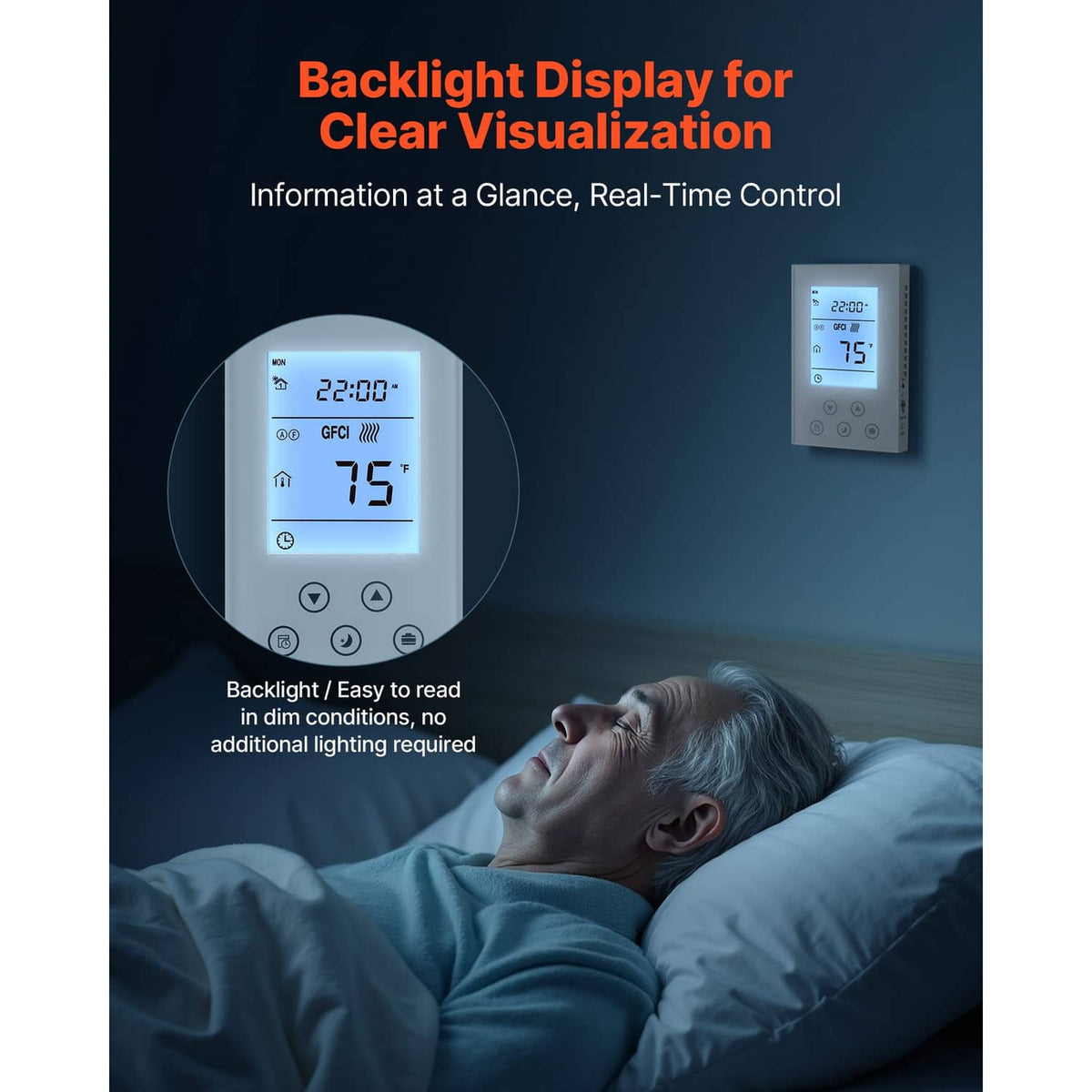 White thermostat with backlit blue display, shown installed on a wall