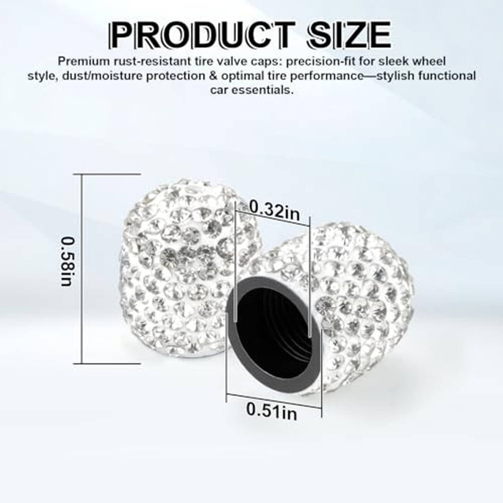Rhinestone valve cap with white crystal texture and black valve opening, size marked