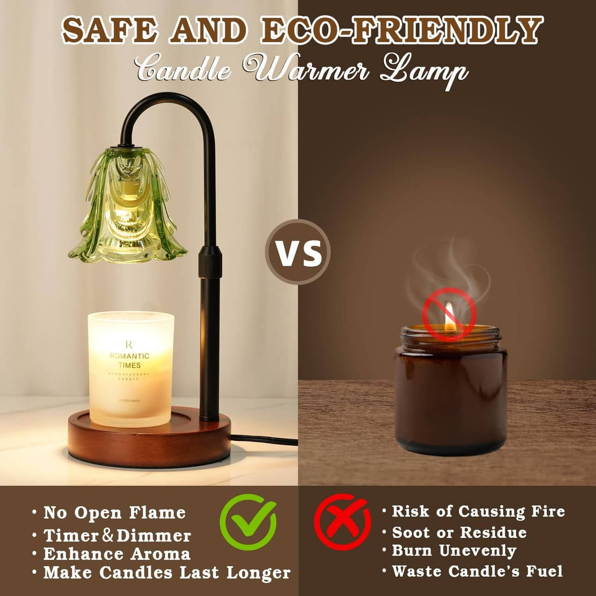 Candle warmer lamp with green glass shade and black stand, glowing candle jar on base