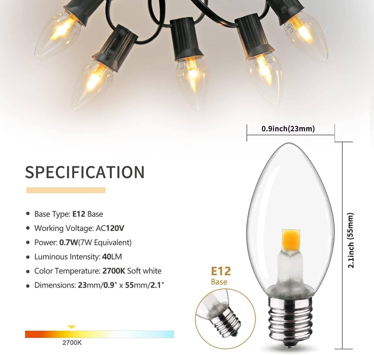 Warm white LED candelabra bulb with clear teardrop glass and E12 screw base