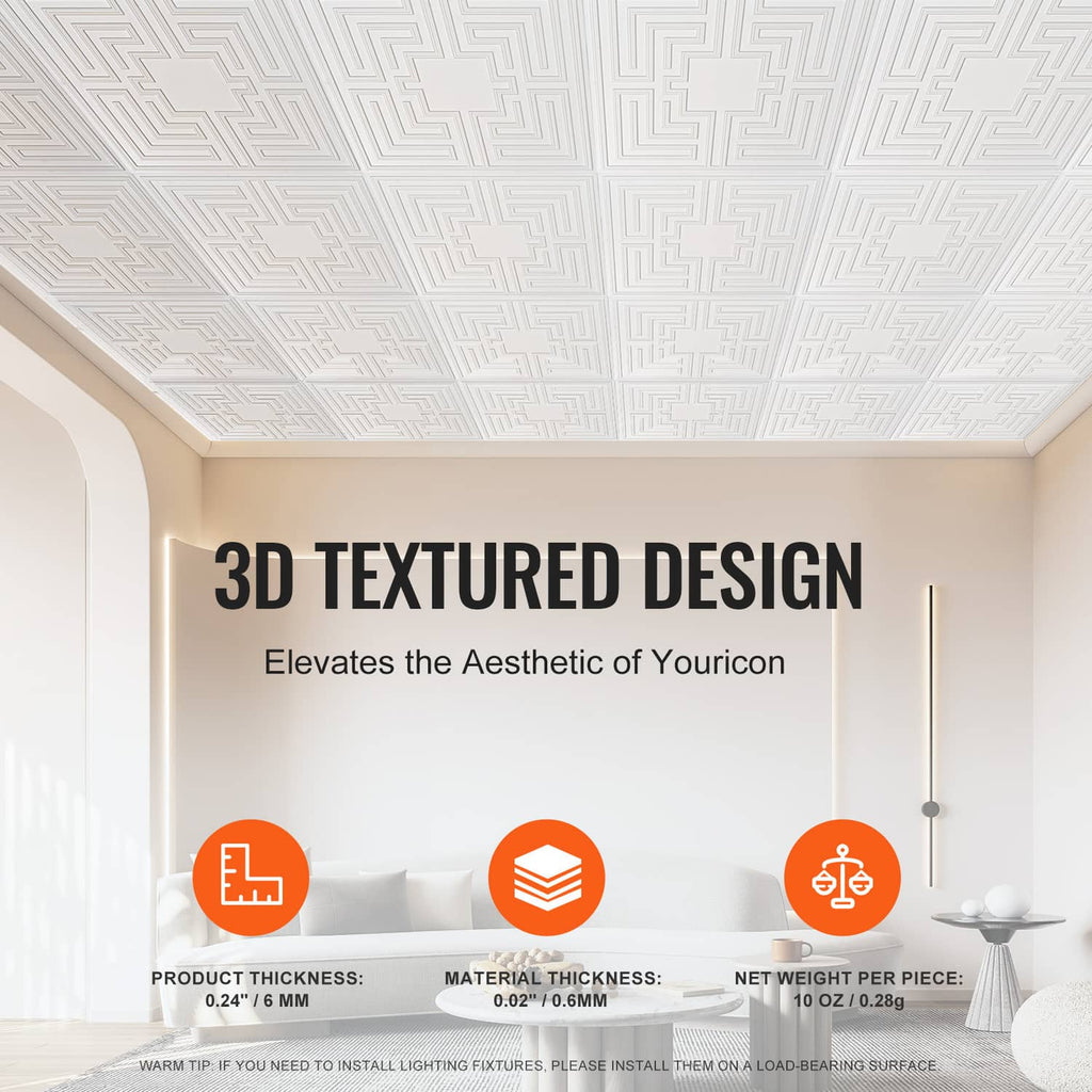 White PVC ceiling tile with 3D textured echo geometric pattern