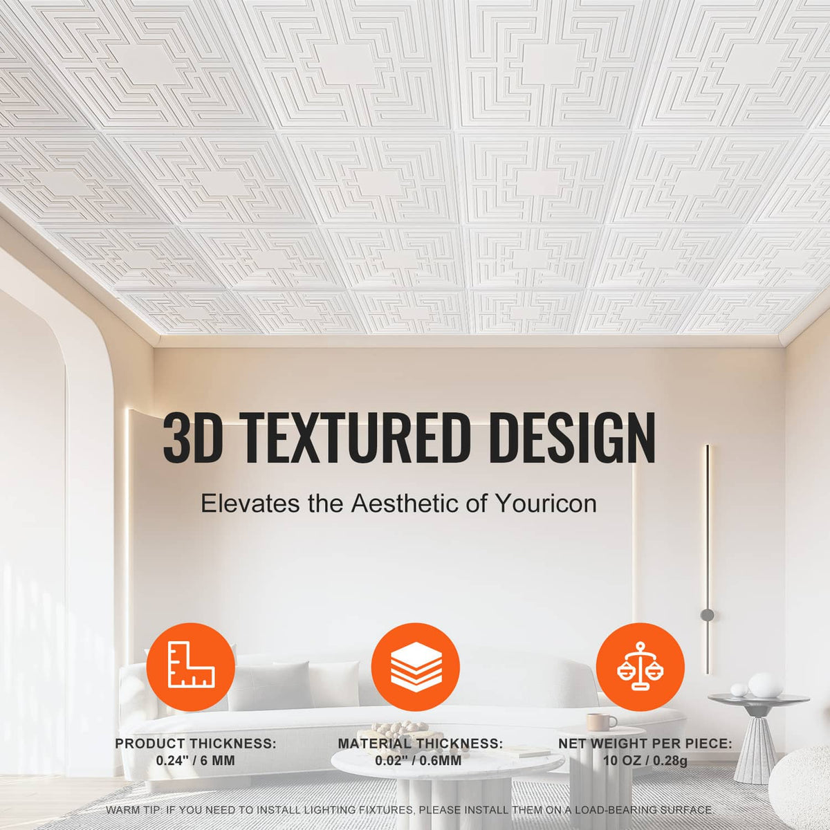 White PVC ceiling tile with 3D textured echo geometric pattern