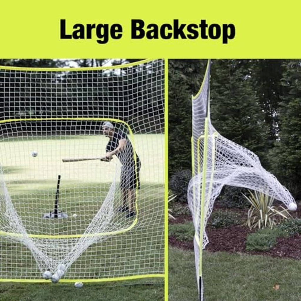 Large baseball backstop net on bow frame with white mesh and lime green border
