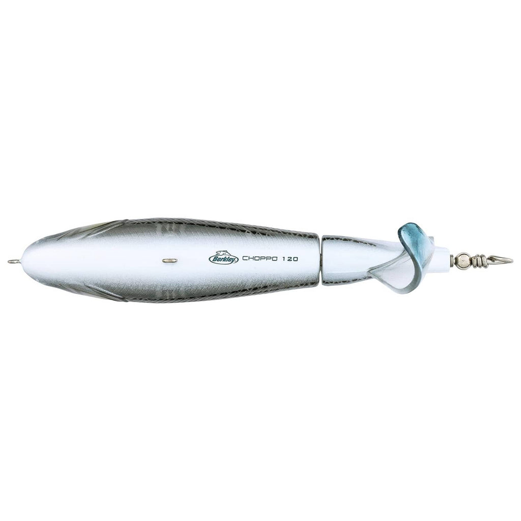 Berkley Choppo 120mm topwater lure, white body with printed details and blue tail