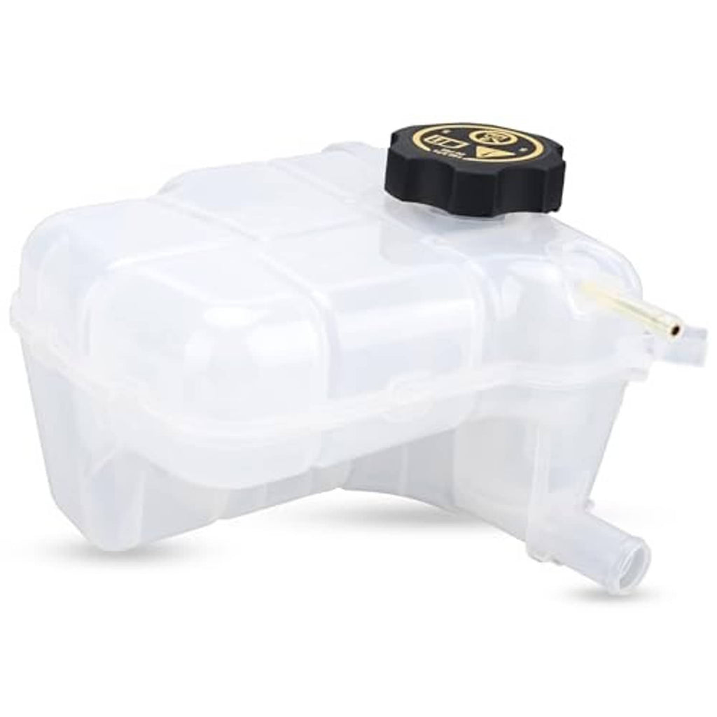 Coolant expansion tank with black cap, translucent white plastic and molded outlet tube