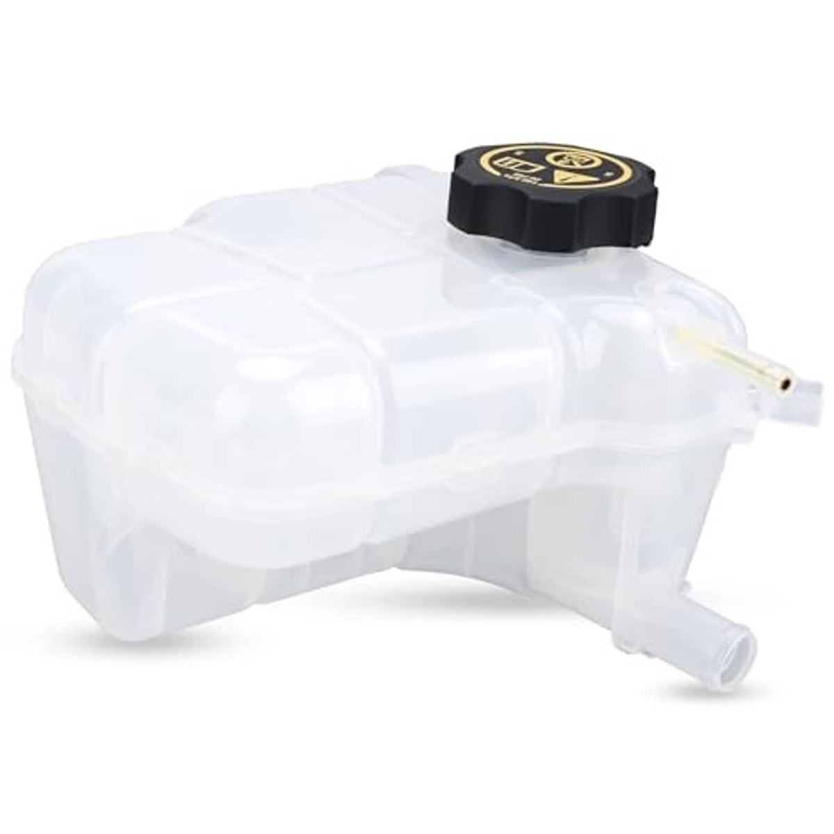 Coolant expansion tank with black cap, translucent white plastic and molded outlet tube