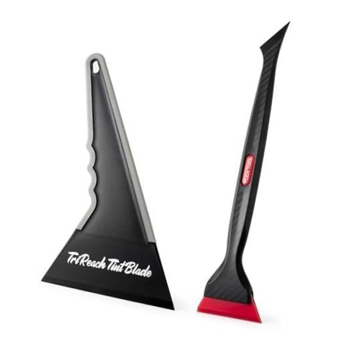 Two squeegee blades set: mini triangle and quarter window tint tool, black and red