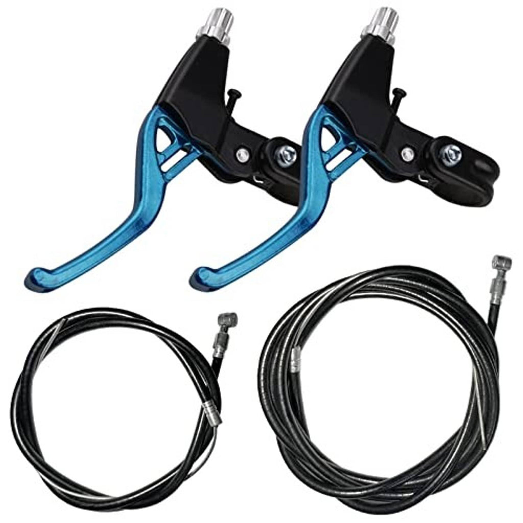 Pair of blue V-brake levers with two black cable sets and silver end fittings