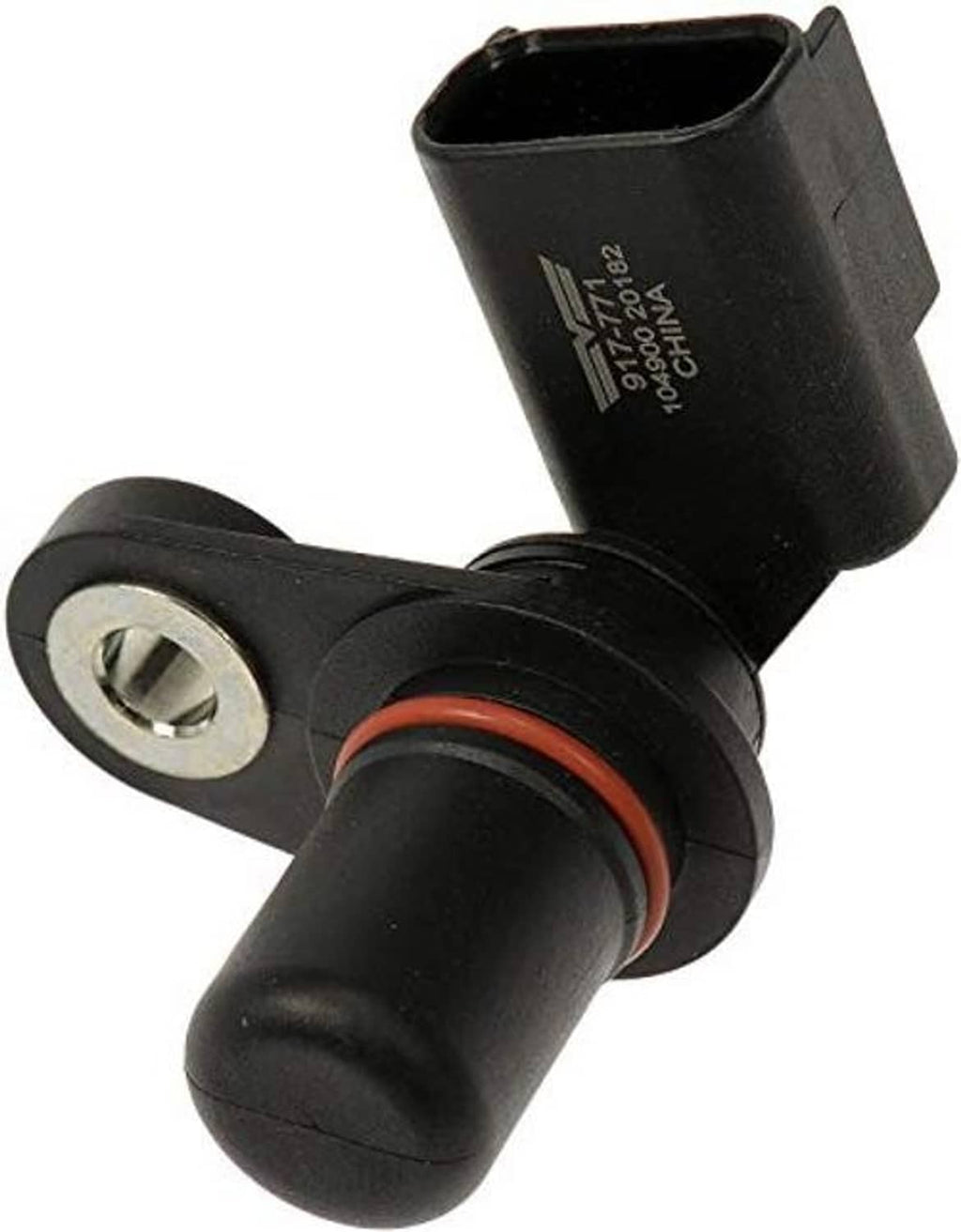 Crankshaft position sensor angled close-up; black housing, metal mounting bracket, orange ring