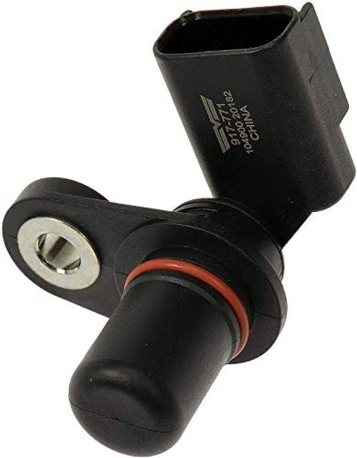 Crankshaft position sensor angled close-up; black housing, metal mounting bracket, orange ring