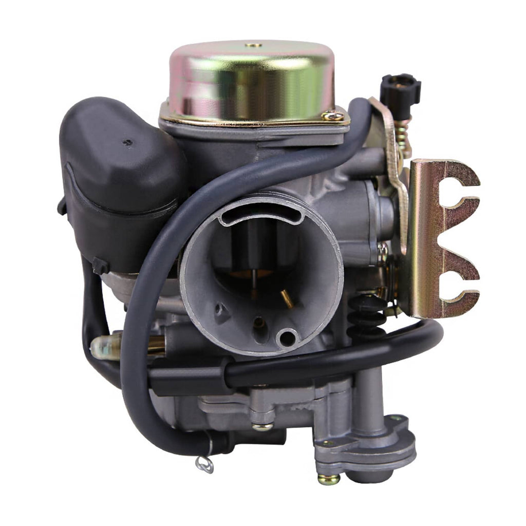 30mm GY6 carburetor angled view with round intake throat and mounting bracket