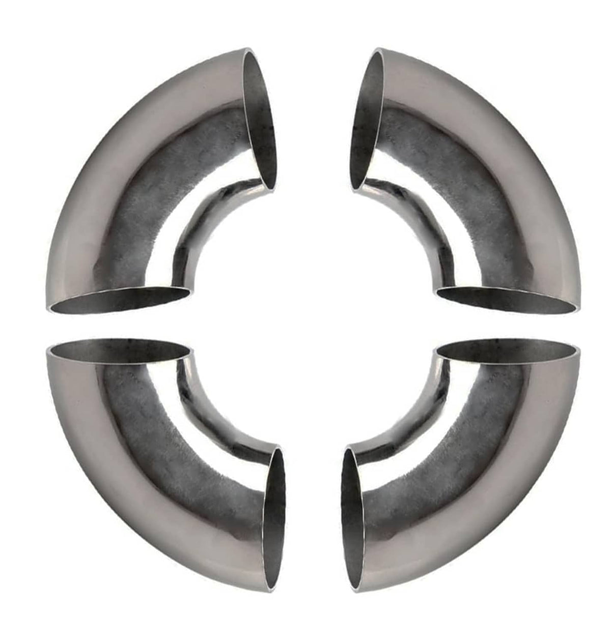 Polished stainless steel 90-degree exhaust elbow tube with open ends, set of 4