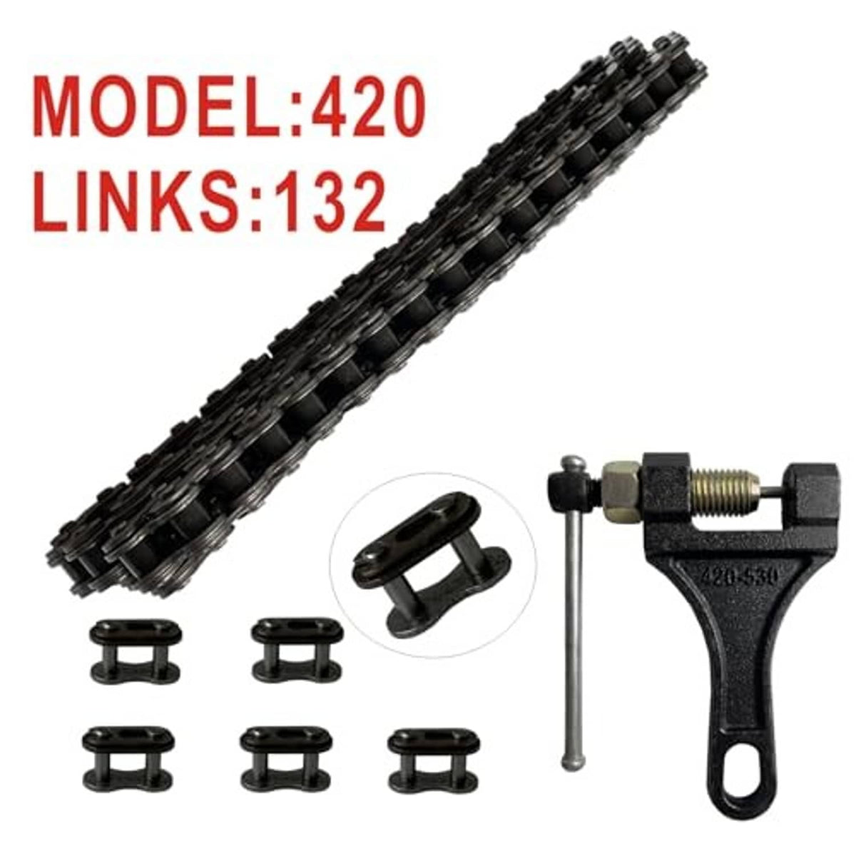 420 model 132-link motorcycle roller chain with chain breaker tool and spare link pins