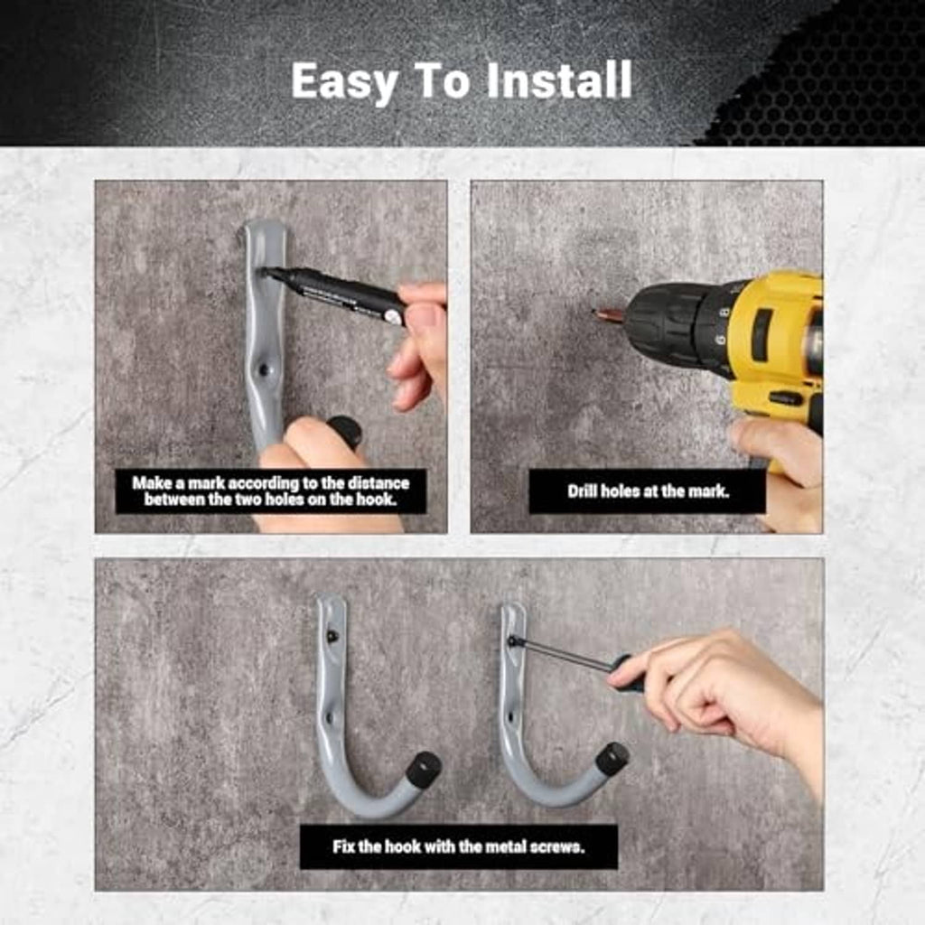 Gray metal wall hook being installed with screws using a drill