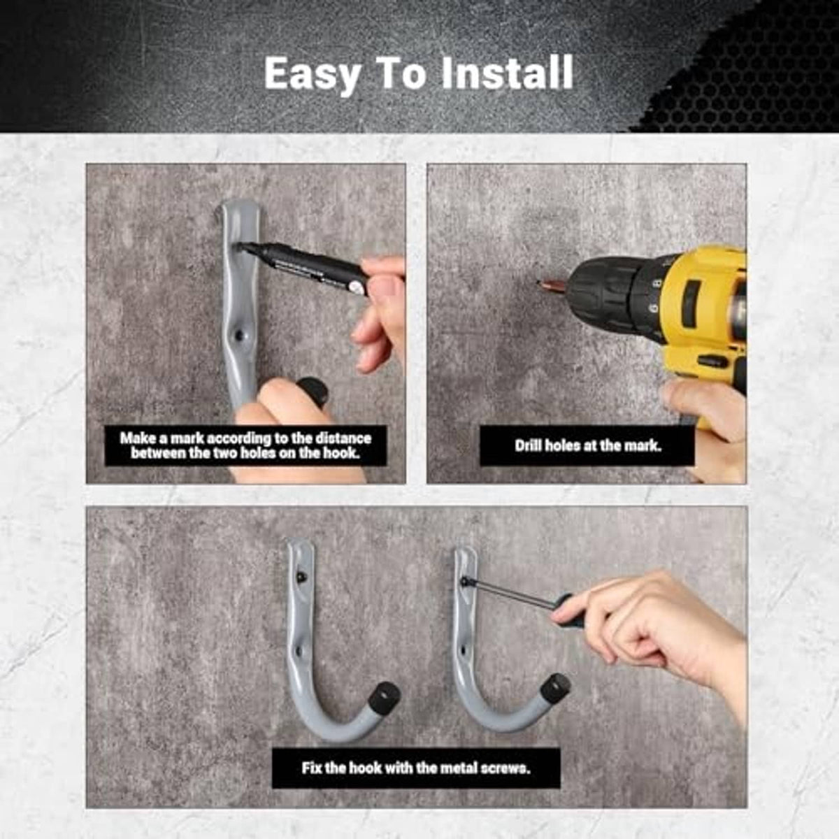 Gray metal wall hook being installed with screws using a drill