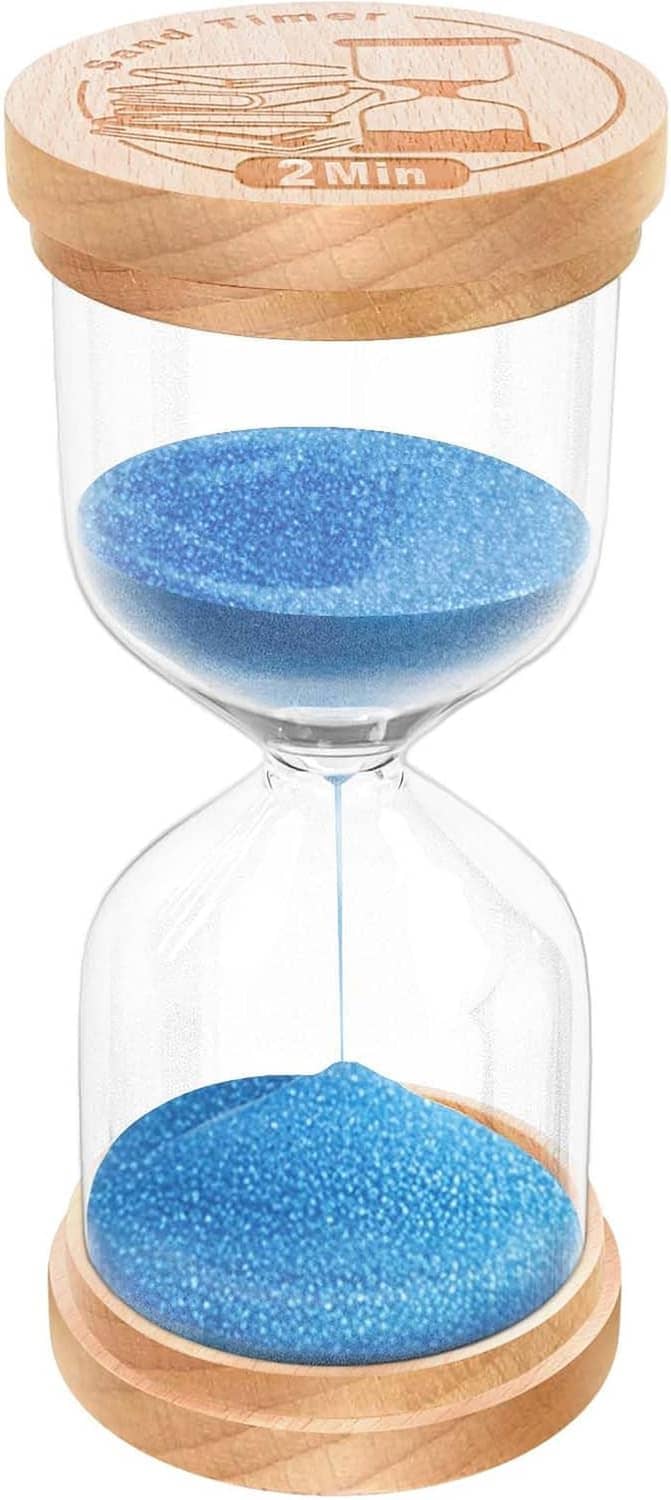 Wooden 2-minute hourglass sand timer with blue sand and clear glass body