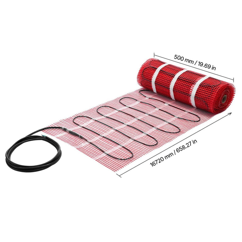 Rolled red self-adhesive floor heating mat with black cable and mesh backing