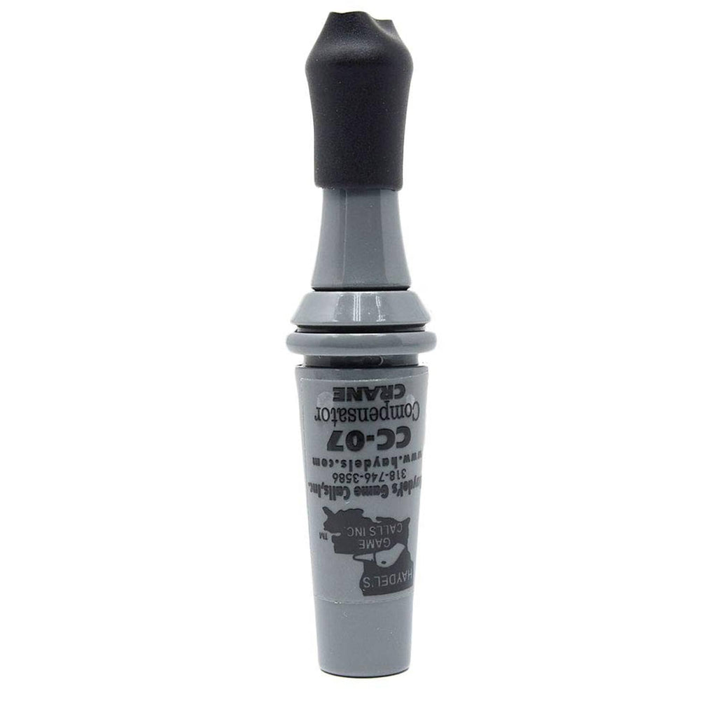 Haydel's compensator crane call, gray body with black rubber mouthpiece, label side