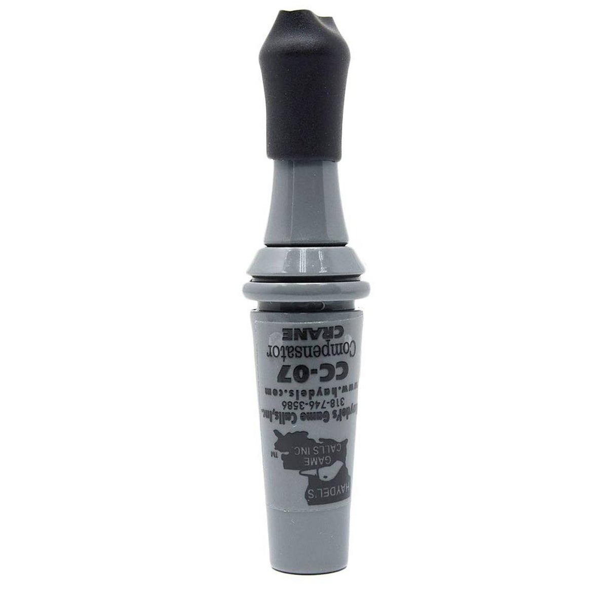 Haydel's compensator crane call, gray body with black rubber mouthpiece, label side