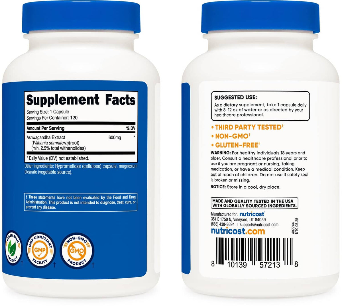 Ashwagandha supplement bottle front and back label views, with supplement facts and barcode