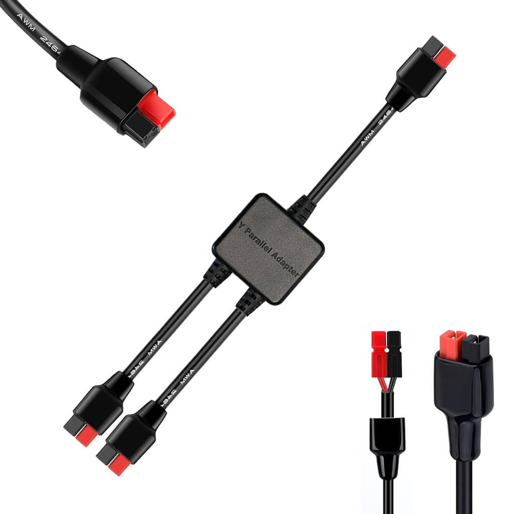Black Y parallel combiner cable with red connector tips and Y splitter adapter