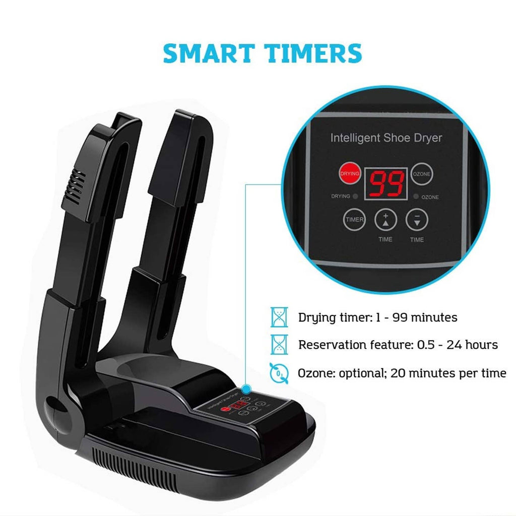 Black shoe dryer base with digital display and smart timer controls